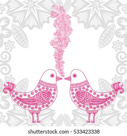 Valentines day card with beautiful birds. Vector illustration.