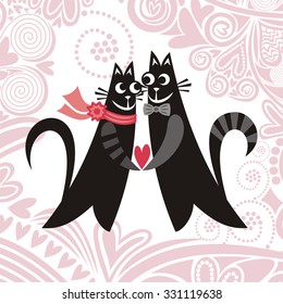 Valentines day card beautiful cats and romantic pattern background vector illustration