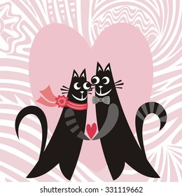 Valentines day card beautiful cats and romantic pattern background vector illustration