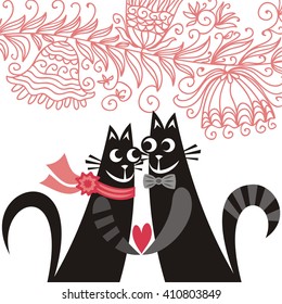 Valentines day card with beautiful cats vector illustration
