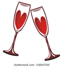Valentines day card. Beautiful champagne glasses and hearts. Vector illustration.