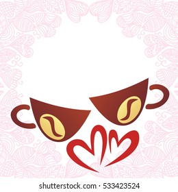 Valentines day card with beautiful coffee cups. Vector illustration.