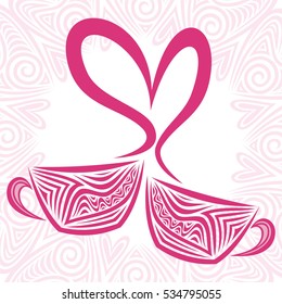 Valentines day card with beautiful coffee cups and heart. Vector illustration.