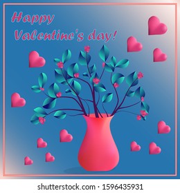 Valentine's day card. Beautiful composition with hearts. Twigs in a vase on a blue background. Addition to the greeting and gift.