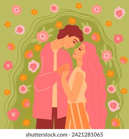 Tarjeta de San Valentín con una bella pareja feliz de jóvenes y hombre abrazándose en un beso en un arbusto con flores. Ilustración romántica de personas que salen y aman