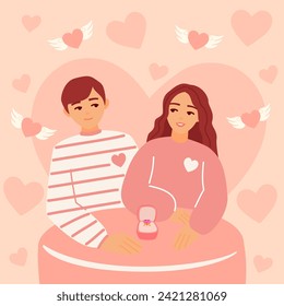 Tarjeta de San Valentín con una hermosa pareja feliz de jóvenes y hombres abrazándose entre ellos. Proponiendo con anillo de compromiso. Ilustración romántica de personas que salen y aman