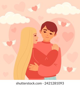 La tarjeta de San Valentín con una hermosa pareja feliz de jóvenes sosteniéndose abrazándose. Ilustración romántica de personas que salen y aman