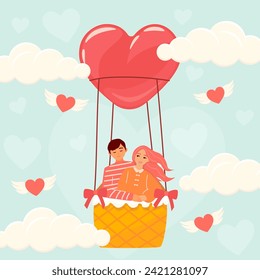 Tarjeta de San Valentín con una hermosa pareja feliz de jóvenes sosteniéndose abrazándose en globo aerostático. Ilustración romántica de personas que salen y aman