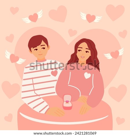 Valentine's day card with beautiful happy couple of young woman and man embracing each other. Proposing with engagement ring. Romantic illustration of people dating and in love