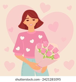 Tarjeta de San Valentín con una hermosa mujer sosteniendo un ramo de flores. Ilustración romántica de personas que salen y aman