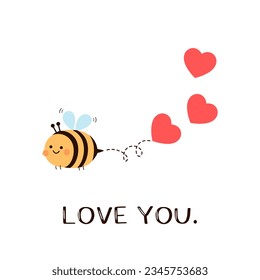 Valentines day card with Bee cartoon, red hearts and hand written fonts isolated on white background vector illustration.