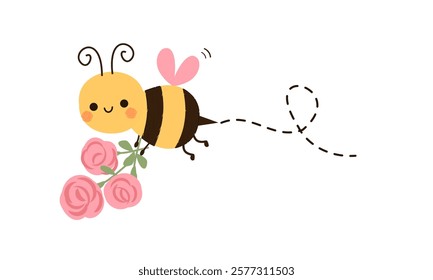 Valentine's day card with bee cartoon and pink rose flower icon sign isolated on white background vector.