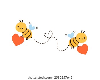 Valentine's day card with bee cartoons, red hearts and heart dotted line isolated on white background vector.