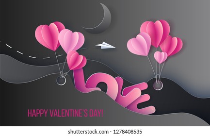 Valentines day card. Big letters LOVE on black background with air balloons. Vector paper art illustration. Paper cut and craft style.