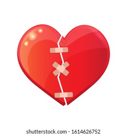 Valentines Day card. A big red heart with medical patch on it. Vector image for advertising, web banner, printing.