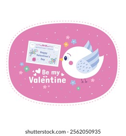 Valentine's Day card with a bird carrying a greeting card on a pink background