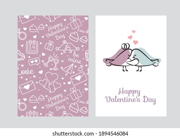Valentine's day card with birds. Cute birds hug each other. Happy Valentine's Day. Happy hug day. Minimalism. Printing house. Vector illustration of animals.