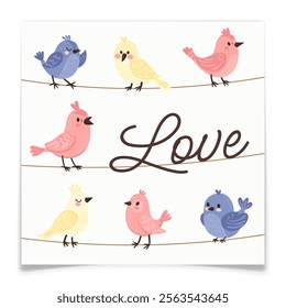 Valentines Day Card with Birds. Hand drawn blue, yellow and pink canaries characters. Colorful parrots sits on a wire. Cartoon animals romance concept. Love letter postcard. Flat vector illustration.