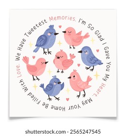 Valentines Day Card with Birds. Love letter holiday postcard design. Hand drawn blue and pink canaries, parrots and sparrows characters. Cartoon animals in love concept. Flat vector illustration.