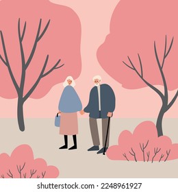 valentines day card, black couple love illustration, people on city street clip art, cute old couple in park clipart, vector in flat cartoon style.
