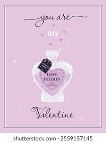 Valentine's Day card with a bottle of love potion on a pink background