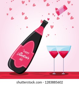 valentines day card with bottle wine and glasses