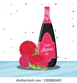 valentines day card with bottle wine and roses