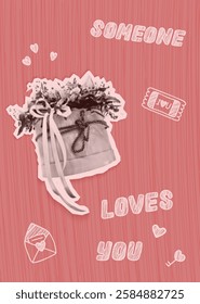 Valentine's Day card with bouquet in box and lettering: Someone Love you. Vector illustrations of posters with Cut Out newspaper collages and doodle. Torn paper and romantic hand drawn elements