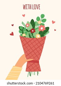 Valentine's day card of a bouquet of flowers in a beautiful festive packaging. Valentine's Day gift with love. Vector illustration in a flat style