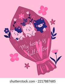 Valentine's day card with a bouquet of flowers and kittens. Vector graphics.