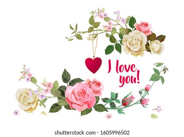 Valentine's Day card: bouquet white, pink, red roses, spring blossom. Horizontal rectangular template with Valentine: red heart, flowers, leaves, white background, vintage watercolor style, vector
