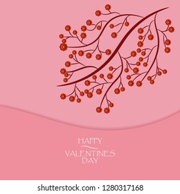 Valentine's day card with branch and flowers on the pink background.