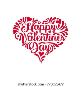 Valentine's Day card. Calligraphy and decorative strokes in a red heart shape on white background.