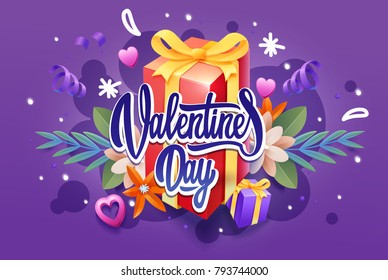 Valentine's day card. Calligraphy on it with a gift box with a set of flowers and hearts.Wallpaper, flyers, invitation, posters, brochure, voucher,banners.