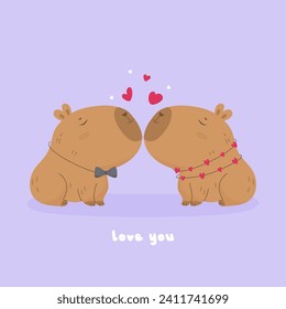 Valentines day card with capybara couples in love