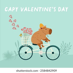 Valentine's Day card with a capybara in love riding a bicycle with a bouquet of flowers. Flat design for greeting cards, greetings, flyers, social media posts. Vector hand drawing.