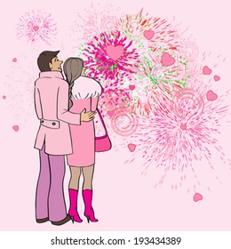 Valentine's Day card, cartoon hand drawn illustration of two lovers watching fireworks and hearts in the sky