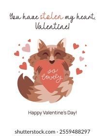 Valentines Day card with cartoon hand drawn raccoon. Romantic postcard template with cute animal character holding heart in hands. Romance love concept greeting card design. Flat vector illustration.