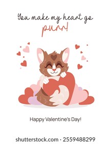 Valentines Day card with cartoon hand drawn kitten. Romantic postcard template with cute cat character holding heart in hands. Romance love concept greeting card design. Flat vector illustration.