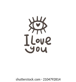 Valentine's day card with cartoon logo with eye. Funny festive print. Doodle holiday tattoo.