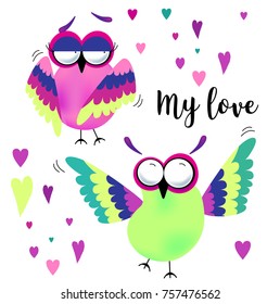 Valentines day card with cartoon owls. Vector colored illustration. Pretty birds.