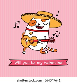 Valentine's Day card. Cartoon vector character on a pink background. Cute white cat is singing a love song.