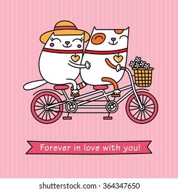 Valentine's Day card. Cartoon vector characters on a pink background. Cute white cats have got a date.