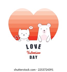 Valentine's Day card with cat and bear in love. vector card