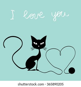 Valentines day card cat and bird vector illustration
