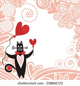Valentines day card cat with hearts romantic pattern background vector illustration