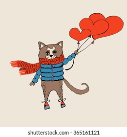 Valentine's Day card with cat and hearts. Vector illustration, romantic background.