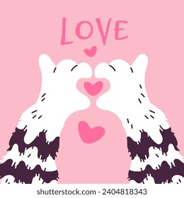 Valentine's Day card with cat paws and hearts, cartoon vector illustration on pink. Design with cute furry pet claws, part of cat or dog foot in simple colored flat style. Greeting card design