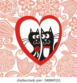 Valentines day card cats and hear vector illustration