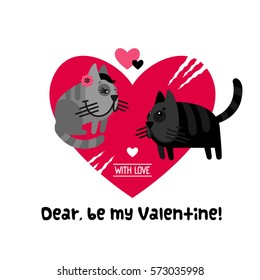Valentine`s Day card with cats. Vector illustration. 